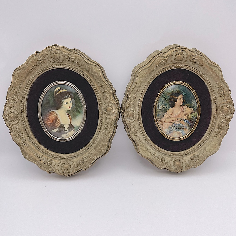 2 Cameos by “A Cameo Creation”, Purple/Burgandy Velvet, Muted Gold Oval Frames